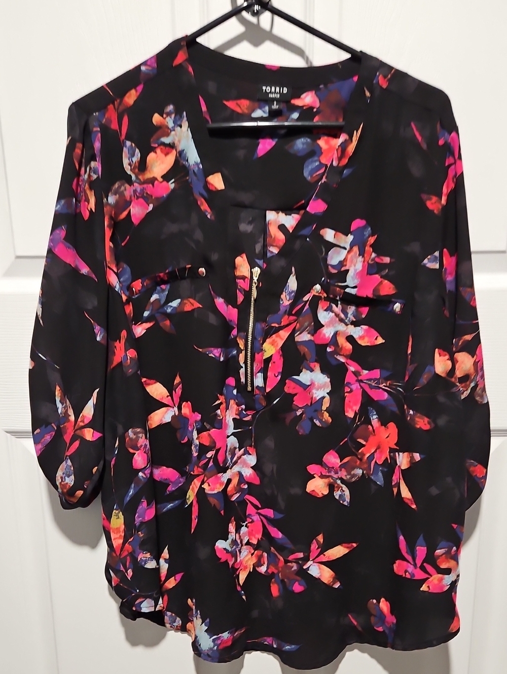 Torrid Black Floral Zip Blouse with Pink & Orange Accents